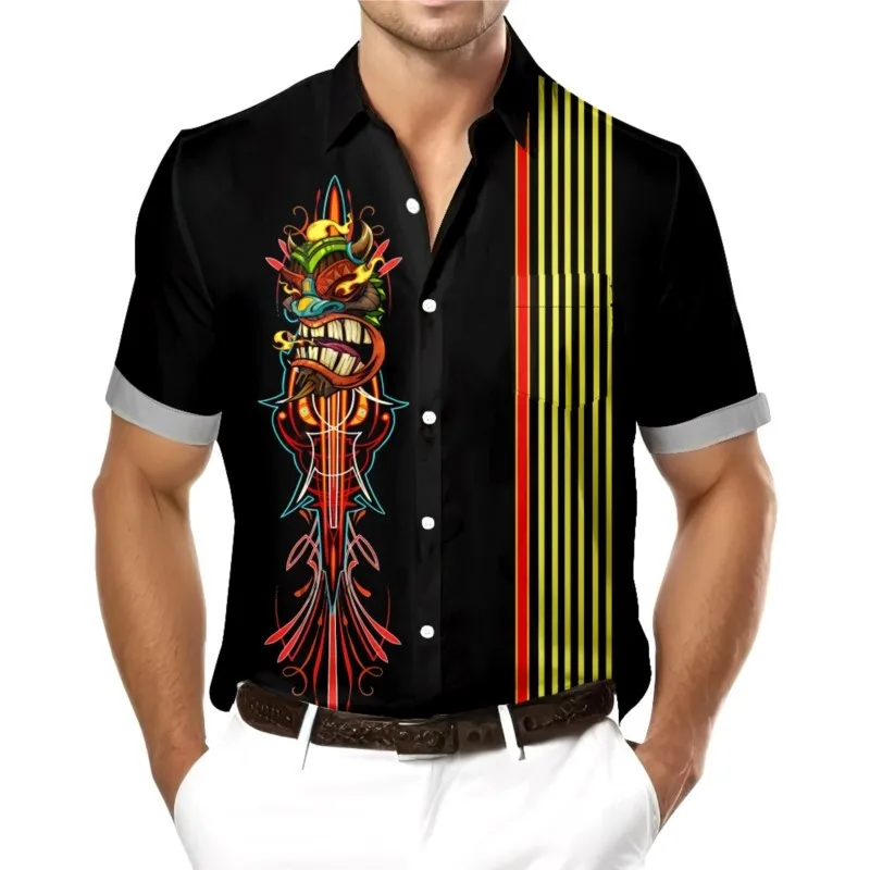 Men's Indian Culture Chest Pocket Striped Shirt Casual Daily Short Sleeve Shirt Streetwear