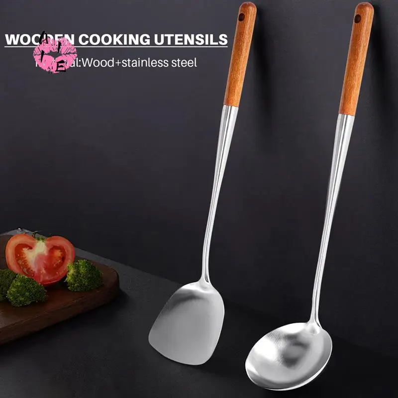 

A11E-Long Handle Stainless Steel Wok Spatula Kitchen Slotted Turner Rice Spoon Ladle Cooking Tools Utensil Set