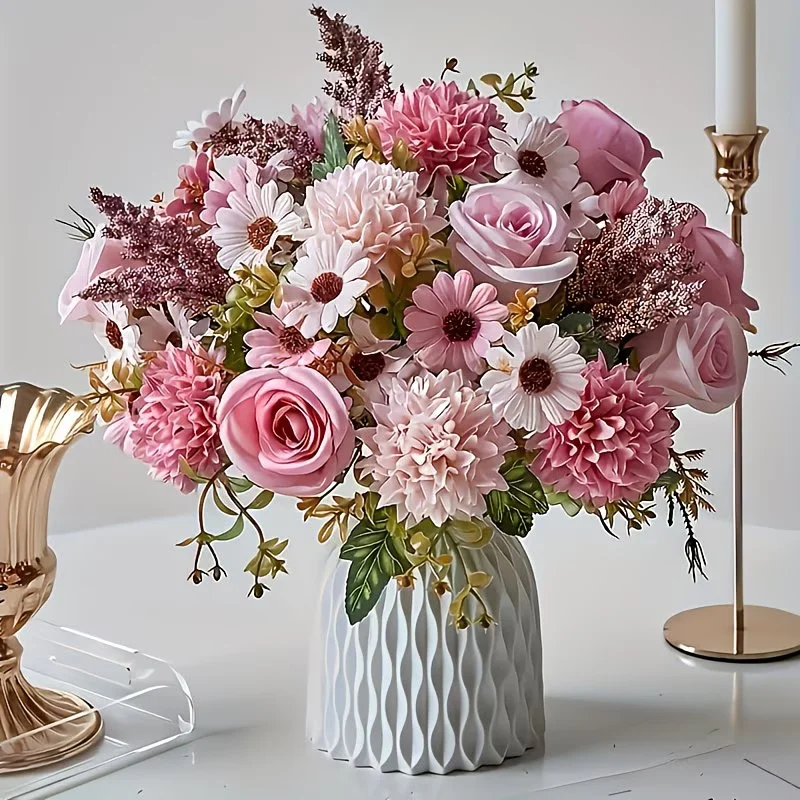 1 künstlicher Rosenstrauß (ohne Blumenkorb), handgehaltener Blumenkranz, Simulationsblume, Gänseblümchen, Hochzeitsdekorationsstrauß – Detail 1