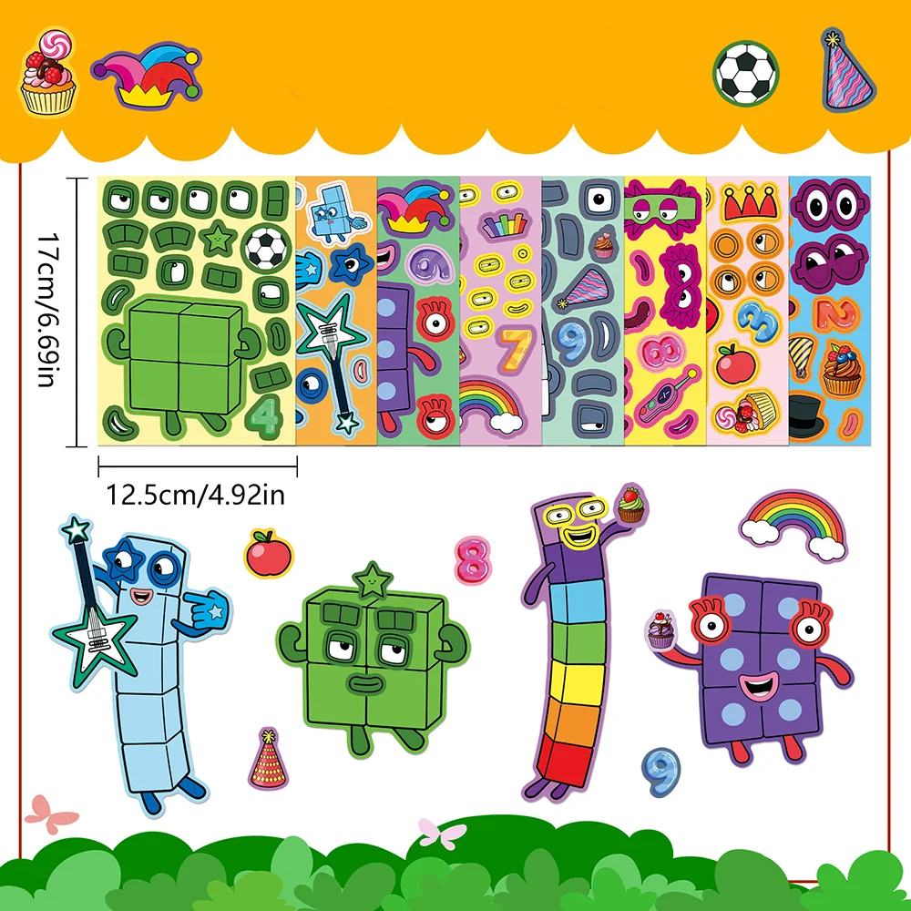 8/16 Blatt Cartoon Numberblocks Dekorative Puzzle-Aufkleber aus PVC-Material, Lernspielzeug für Kinder, Wasserfeste Party-Geschenkaufkleber – Detail 3