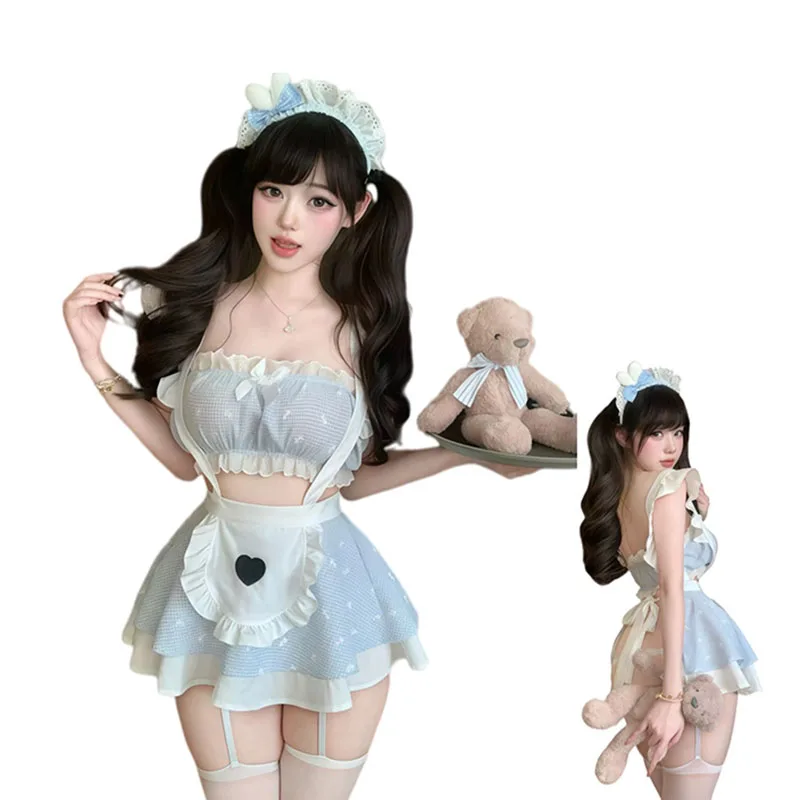 Japanese Anime Cute Bow Maid Uniform Women Sexy Cosplay Lingerie Kawaii Mini Skirt Split Costumes Party Waitress Outfit Babydoll