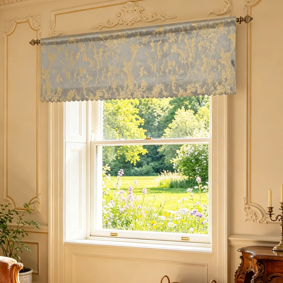 Light Grey Gold Foil Marble Velvet Straight Valance, Scalloped Edge Vintage Luxury Window Header for Living Bedroom Decor