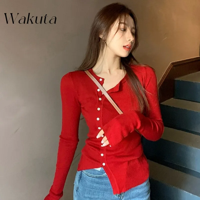 WAKUTA Fashion Fall and Winter Design Sense Niche Red Sweaters Oblique Side Buckle Slim Round Neck Knitted Cardigan Tops Women