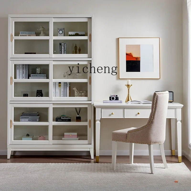 

Light Luxury Solid Wood Sliding Door Bookcase Dustproof Glass Door Shelf Living Room Floor against the Wall