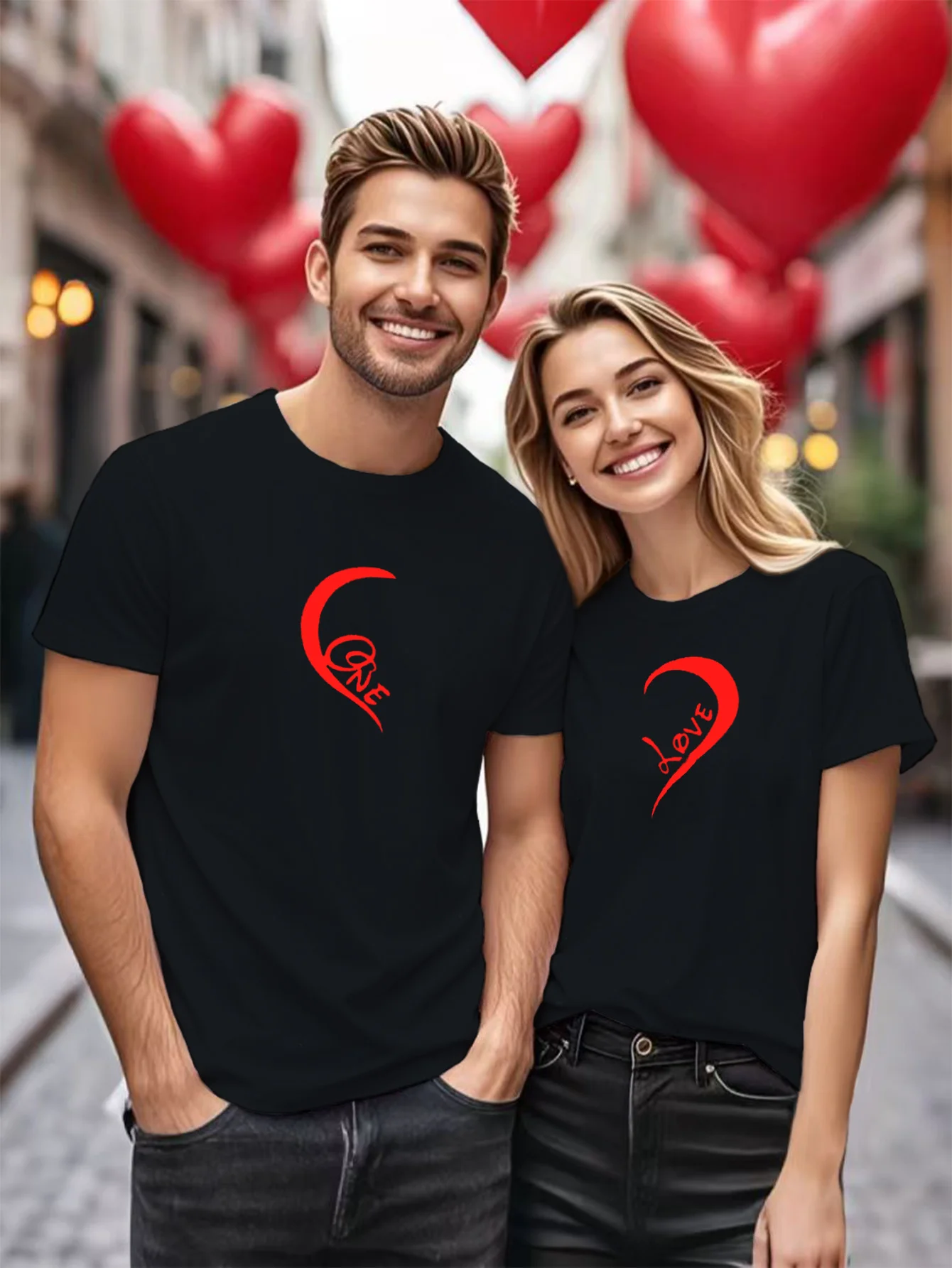 

1pcs， Heart patterned printed couple round neck short sleeved T-shirt, Valentine's Day gift, couple top