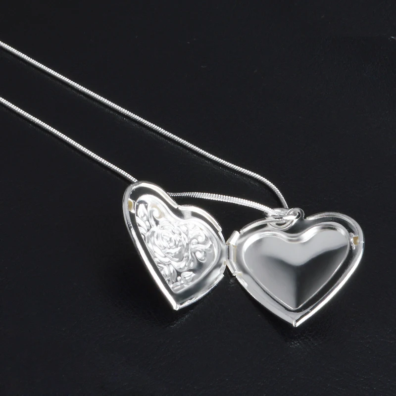 Classic Vintage Rose Flower 925 Sterling Silver Locket Double Heart  Necklace Photo El Collar Pendant Women\' Best Gift