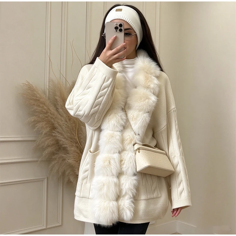 Cable Knit Cardigan with Faux Fur Collar — product details 12