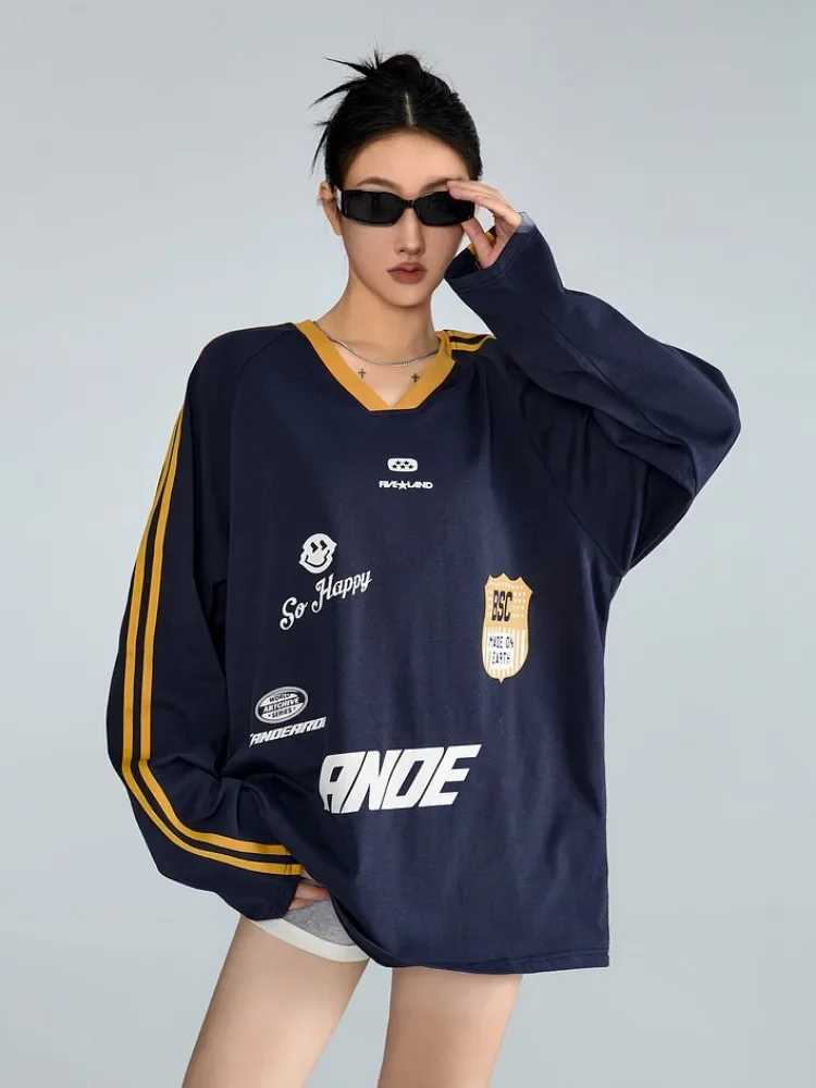 

ADAgirl Vintage Sports Oversized T Shirts for Women Stripe Contrast V-neck Long Sleeve Tops American Style Hip Hop Football Tees