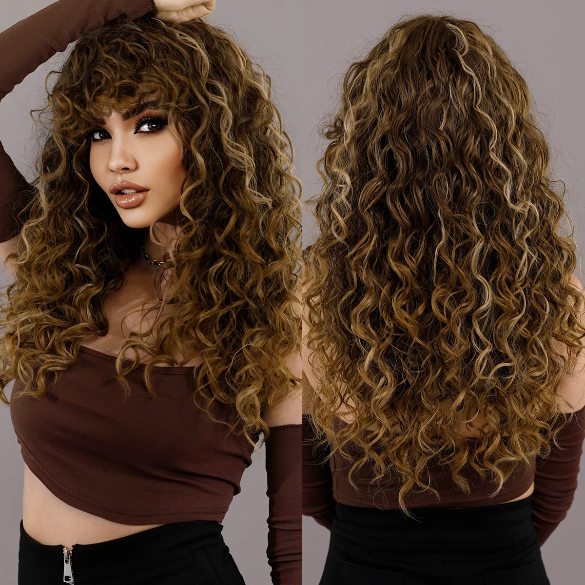 Women\'s Ombre Brown Heat Resistant Long Curly Wavy Synthetic Wig Bangs Size 26In Long Dark Brown Highlights Ombre Wig with Bangs, Dark Roots  main image 4