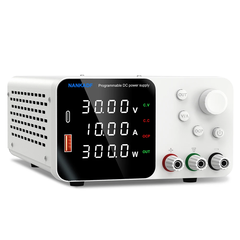 Top 30V 10A Lab Adjustable DC Power Supply with 4-Digit LED Display; USB-A/Type-C 5V/3.6A Fast Charge with Encoder Adjustment