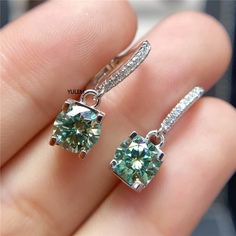 Silver 925 Original Total 2Carat Round Brilliant Cut Diamond Test Past Green Moissanite Stud Earrings Emerald Gemstone Jewelry