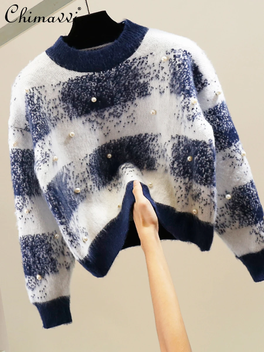 

Heavy Beaded Contrast Color Round Neck Pullover Thickened Long Sleeve Sweater Fashion Long Sleeve Casual Women's Knitted Top