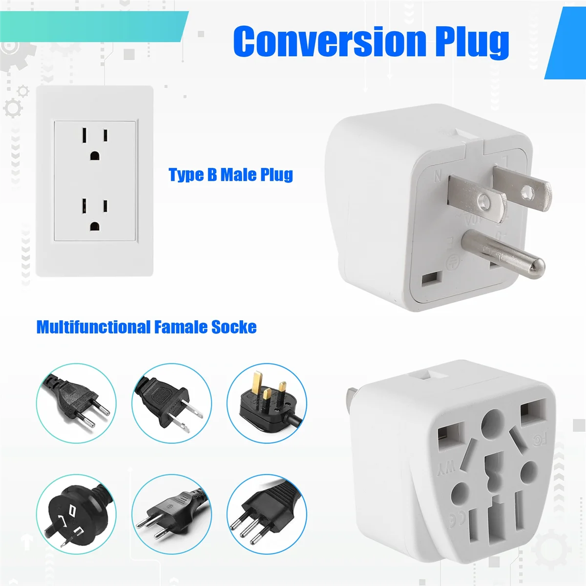 AT77 US Travel Plug Adapter EU/UK/AU/In/CN/JP/Asia/Italy/Brazil to USA (Type B), 3 Prong USA Plug, Charger Converter White