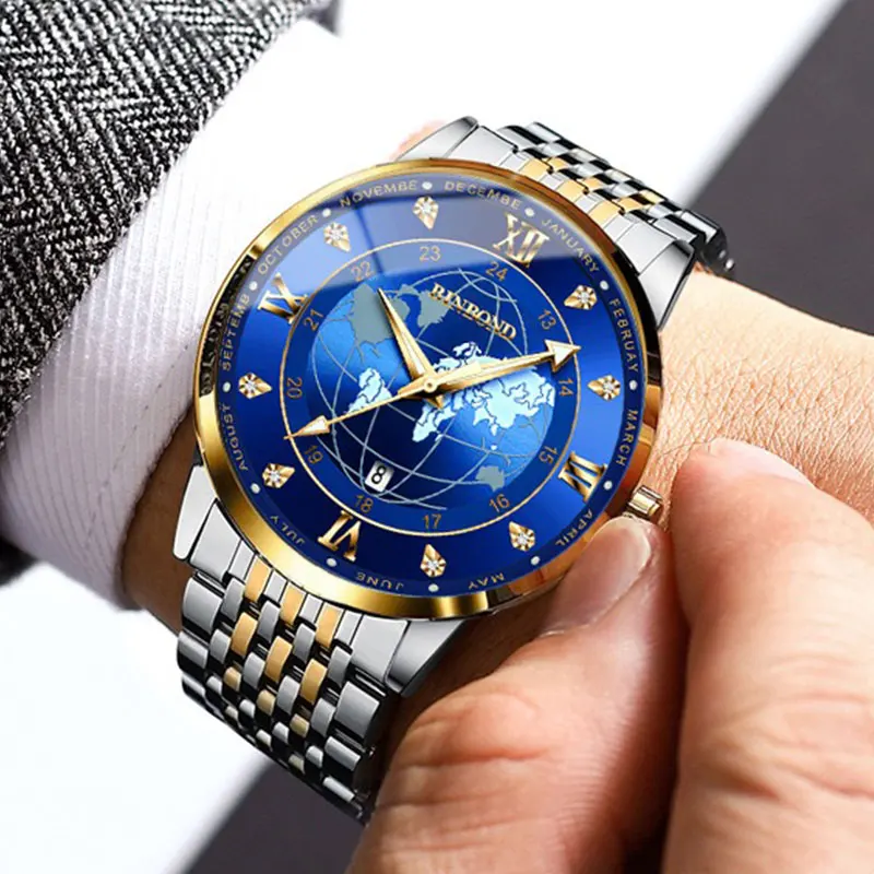 BINBONG Top Brand Business Men Quartz Watch Waterproof Date Stainless Steel Trend Male Wristwatches Luxury Earth Starry Luminous