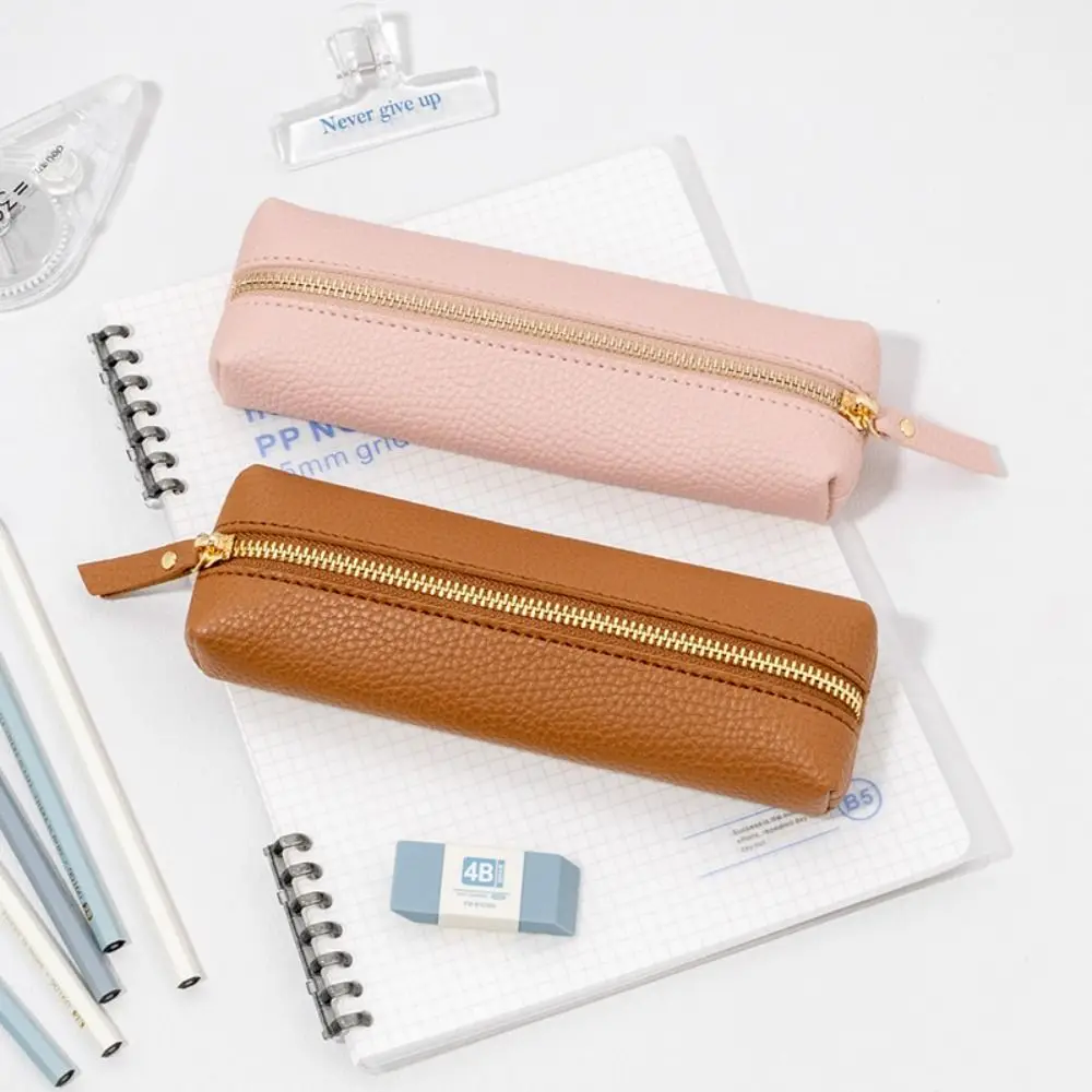 Zipper Vintage Leather Pencil Bag Desktop Organizer Large Capacity Pen Case Storage Bag Waterproof High-end Pencil Pouch Holder