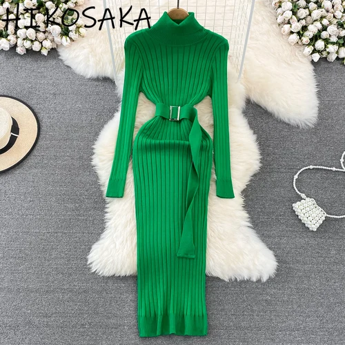 Autumn Turtleneck Long Sleeve Knit Robe Femme Solid Slim Waist Lace Up Package Hip Dress Casual Elegant Vestidos De Mujer