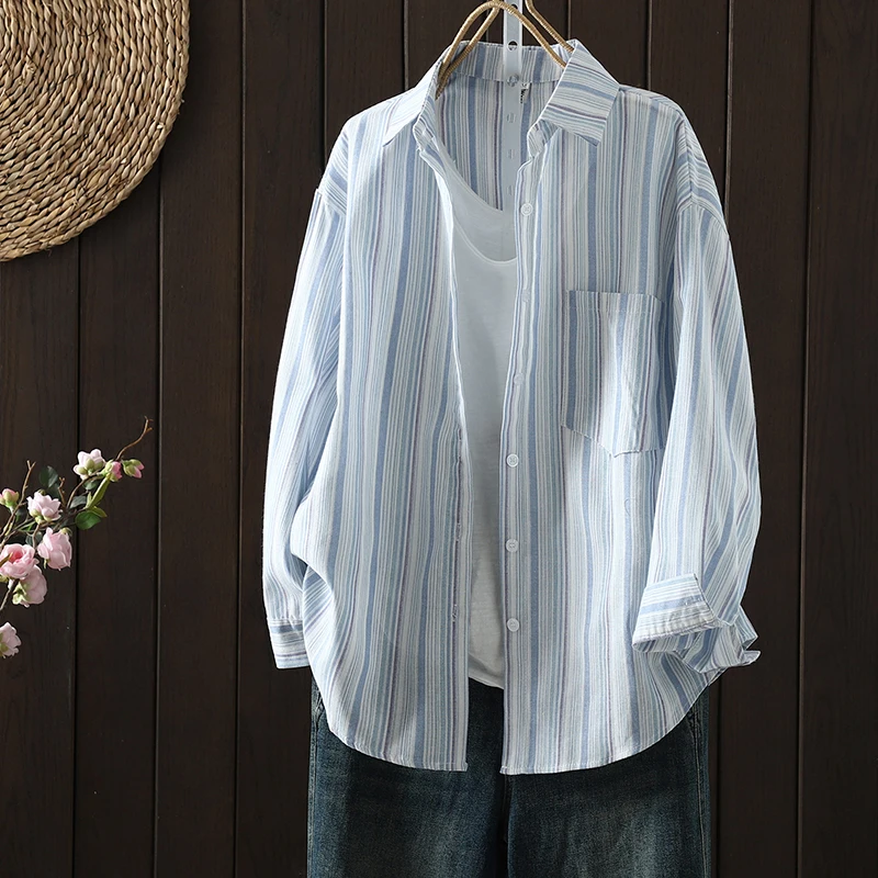 

Свободный крой в полоску, защита от солнца, хлопково-льняное длинное све, женское модное весенне-осеннее корейское платье для похудения BF Wind C...