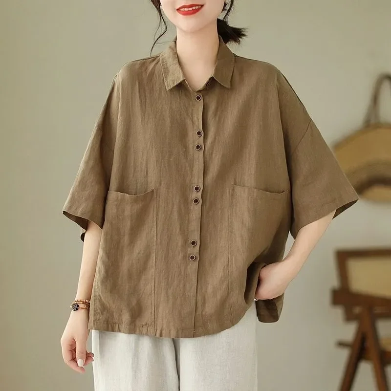 

Women's Oversized Linen Shirt Short Sleeve Lapel Collar Big Pockets Casual Loose Fit Blouse