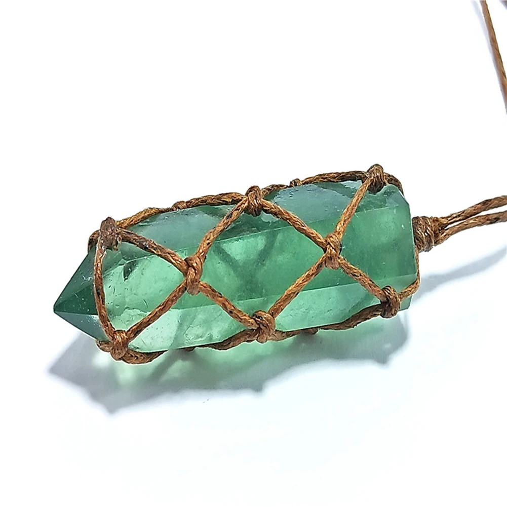 Natural Emerald Crystal Pendant Healing DT Gemstone Wand Reiki Green Fluorite Wrap Braid Necklace Yoga Macrame For Men Women