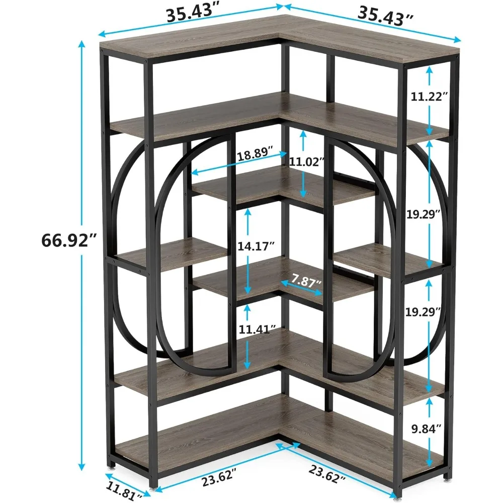 7-Shelf Corner Bookshelf, Large Modern Corner Bookcase, Tall L-Shaped Corner Shelf Stand Display Rack with Storage, M