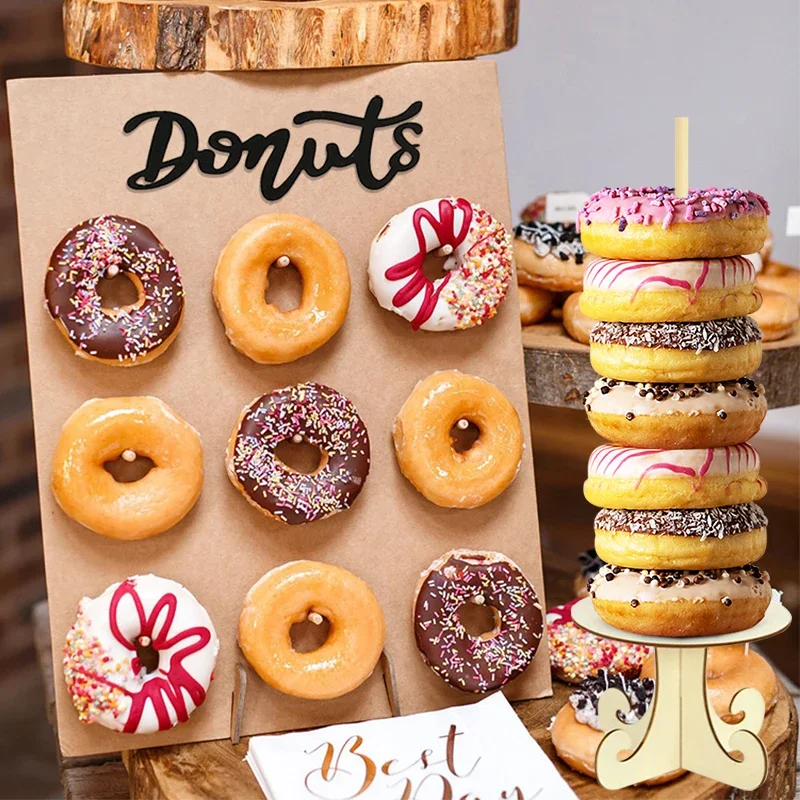 1pc Wood Donut Stand Holder Wedding Dessert Table Decoration Doughnuts Wall Display Board Stand Birthday Party Baby Shower Decor