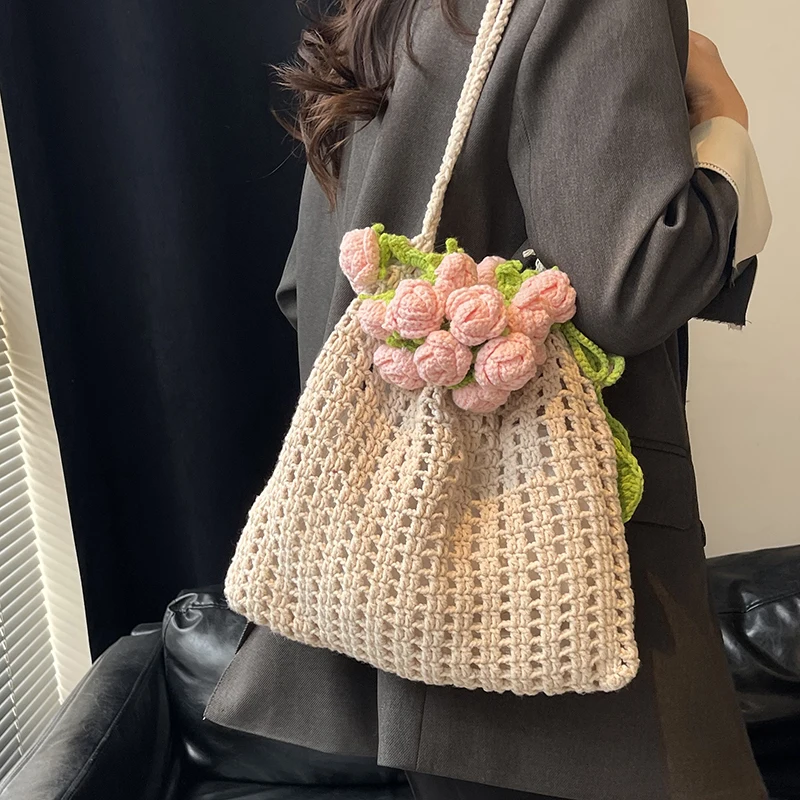 

Women Elegant Knitting Handbag Large Capacity Flower Crochet Shoulder Bag Trendy Hollow Tote Bag Shopping Dating Handbag