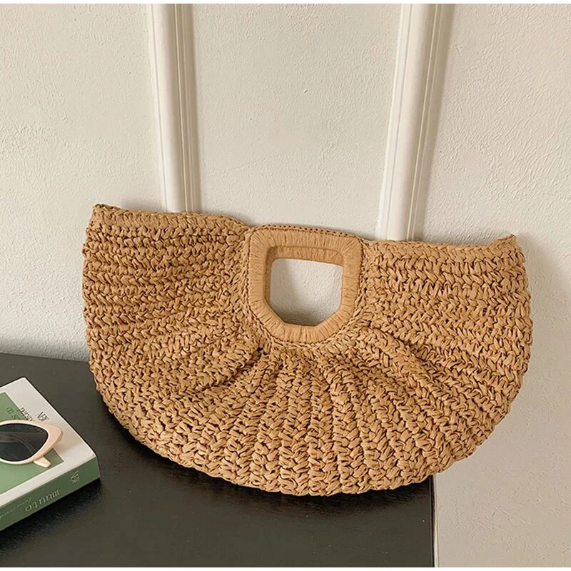 

Handmade Raffia Woven Bag Seaside Holiday Straw Beach Handbag Casual Versatile Moon Bag Inner Pocket Storage Tote Bag Women New