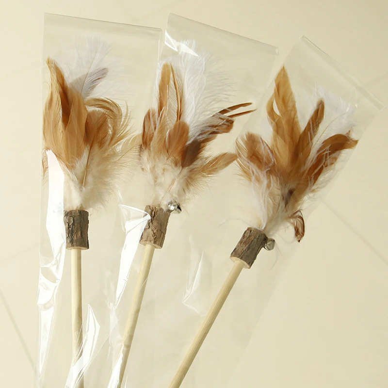Wooden Stick Ostrich Wool Cat Teaser Wand Kitty Interactive Toys Kitten Funny Feather Colorful Rod Teaser Wand Pet Cat Supplies