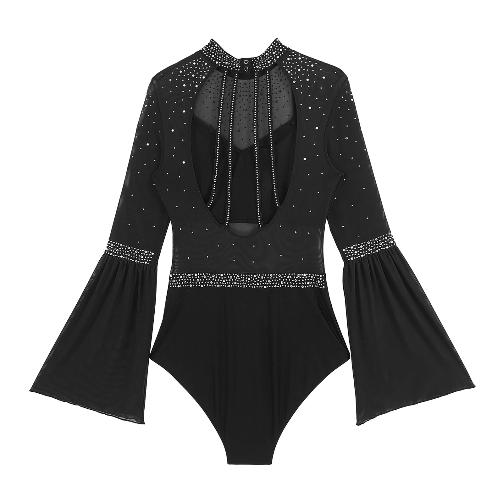 Damen Eiskunstlauf Rhythmische Gymnastik Performance Kostüm Flare Sleeve Sparkly Strass Ballett Tanz Trikot Tanzbekleidung – Detail 25