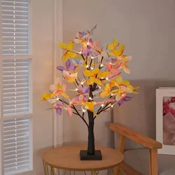 1Pc 23.62inch Colorful Butterfly Artificial Birch Tree Lights With 24 LED Warm Lights Battery&USB Powered Ornaments Desktop Lamp