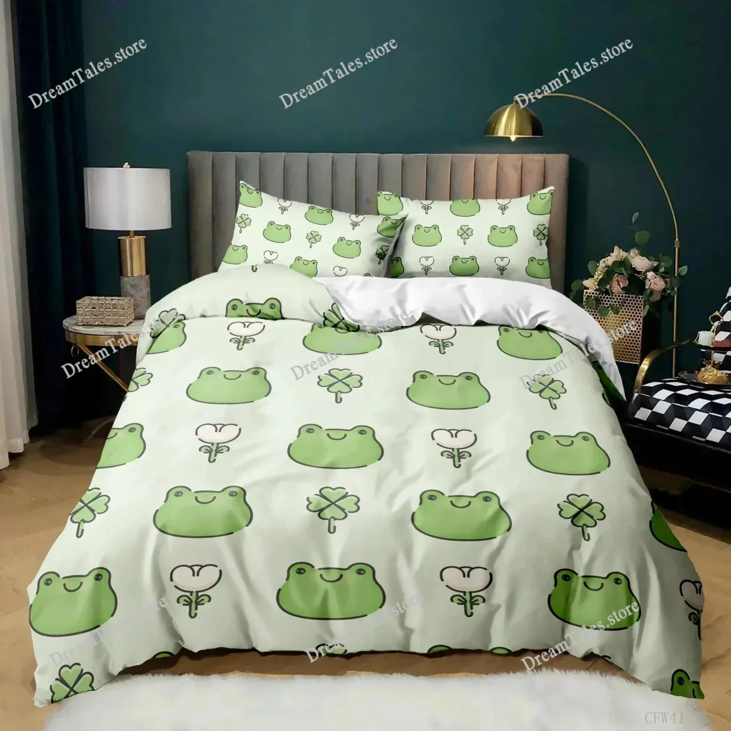 

Cartoon Frog Duvet Cover Set Light Green Cartoon Frogs Cute Dragonfly Animal Bedding Set for Kid Twin Size Polyester Quilt Cover