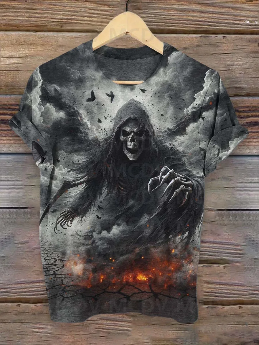 

Punk Grim Reaper Skull Art Pattern Print T-shirt Summer Men's Printed Casual Crew Neck Short Sleeve