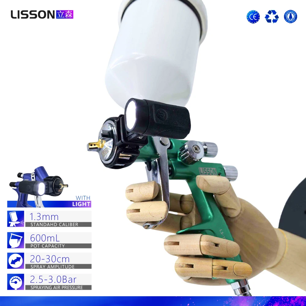 

Ярко-зеленый пистолет-распылитель HVLP — сопло стандартного калибра 1,3 мм, встроенный светодиод, чашка емкостью 600 мл для DIY и автопрос