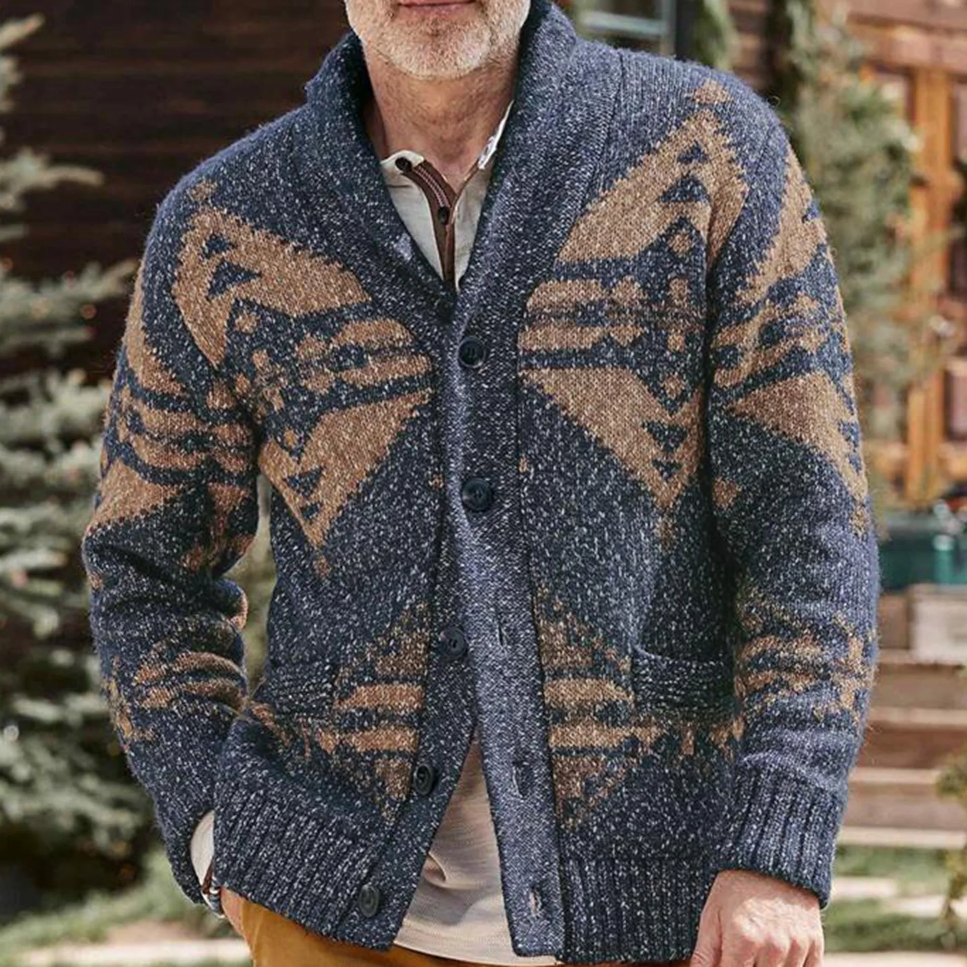 

Men's Europe and The United States Autumn and Winter Vintage Fashion Long-sleeved Jacquard Sweater Casual Woolen Knitted Coat