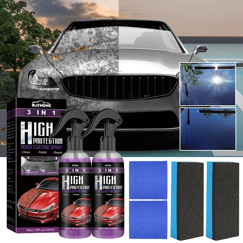 Cera de pulido 3 en 1 para coche, Spray de revestimiento cerámico para reparación de arañazos de coche, revestimiento hidrofóbico de vidrio, cuidado de pintura, 2 juegos, 100ml