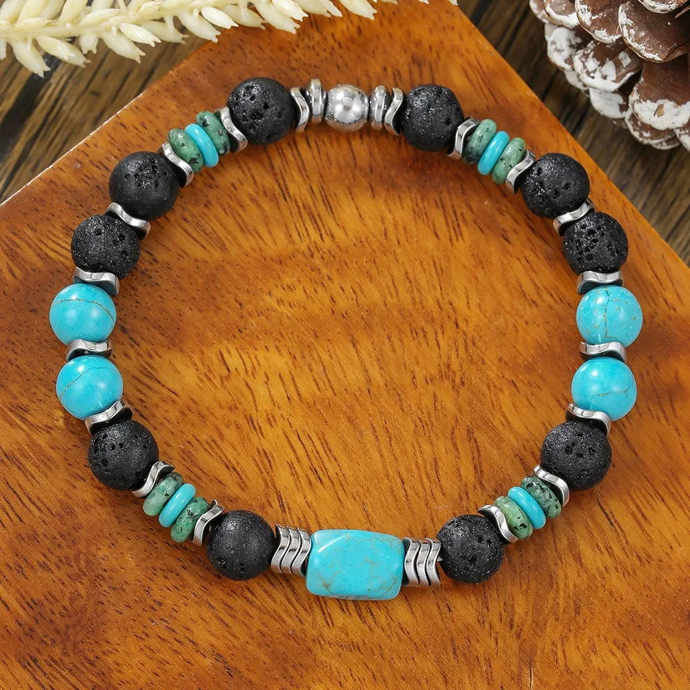Turquoise Lapis Lazuli Coconut Shell Bracelet for Men Natural Stone Beaded Stretch Wristband Boho Trendy Jewelry Gift Accessory