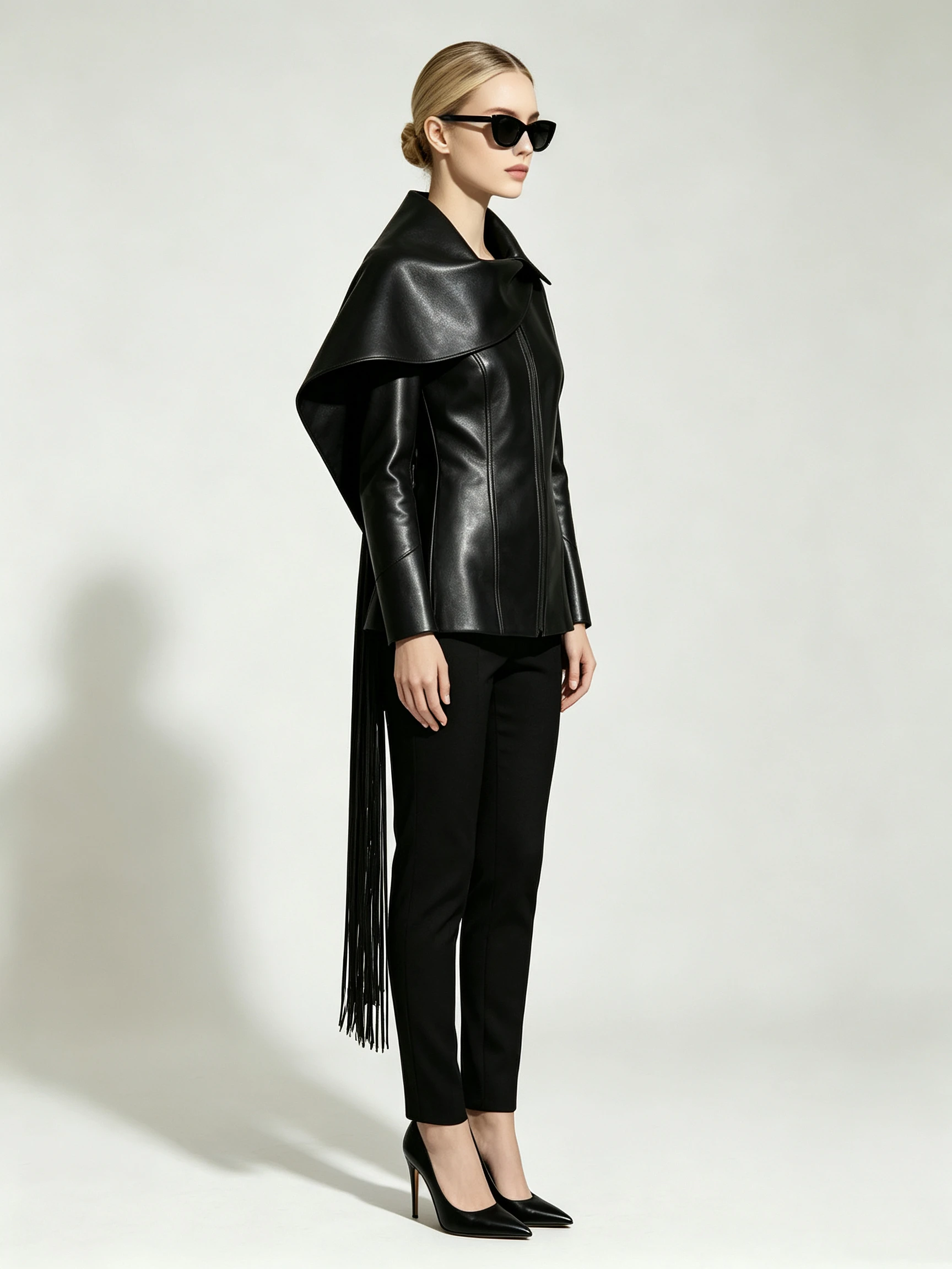 Women's Faux Leather Asymmetrical Cape Jacket with Oversized Collar and Side Fringe Detail