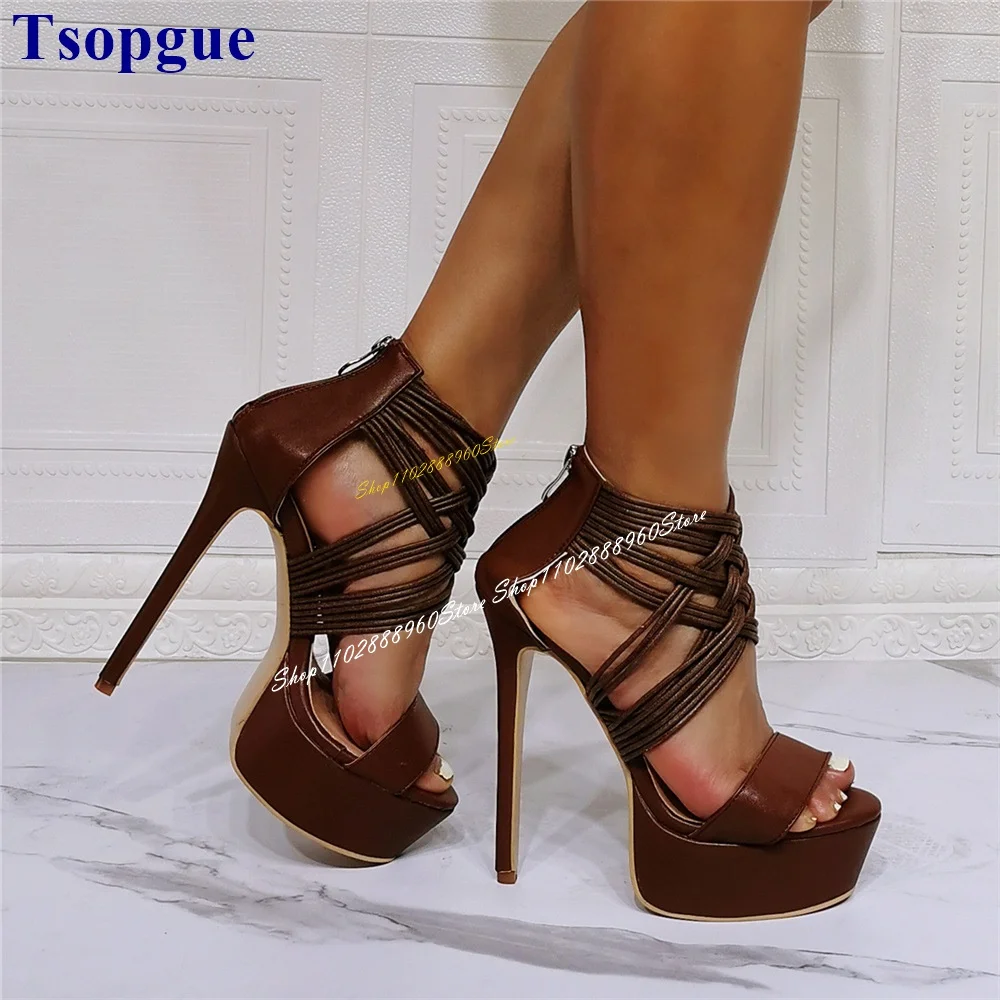 Sexy Brown Narrow Band Platform Stylish Sandals Stilettos High Heel Women Shoes Back Zipper Peep Toe 2024 Zapatos Para Mujere