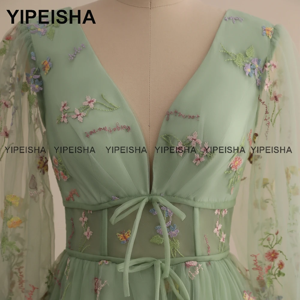 Yipeisha hortelã verde renda vestidos de baile fotos reais com decote em v chá comprimento vestido de festa com mangas a linha vestido de cocktail curto