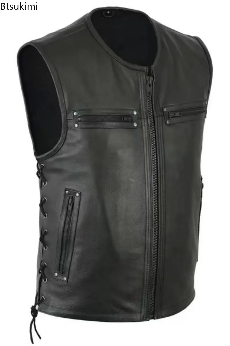 2025 New Men Solid Color Mens Vest Motorcycle Standing Collar PU Leather Vest Jackets Team Punk Sleeve Tops Male Large Size 5XL