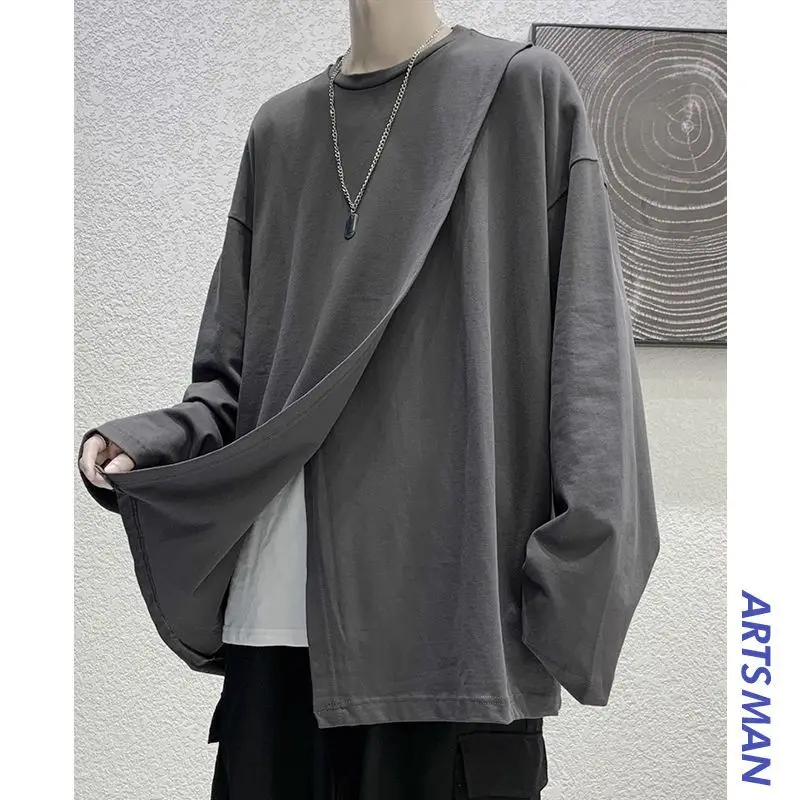 Men's Trend Split Hem Loose T Shirts Spring New Long Sleeve O-neck Solid Color Simplicity Tops Tees Casual Fashion Men Clothing