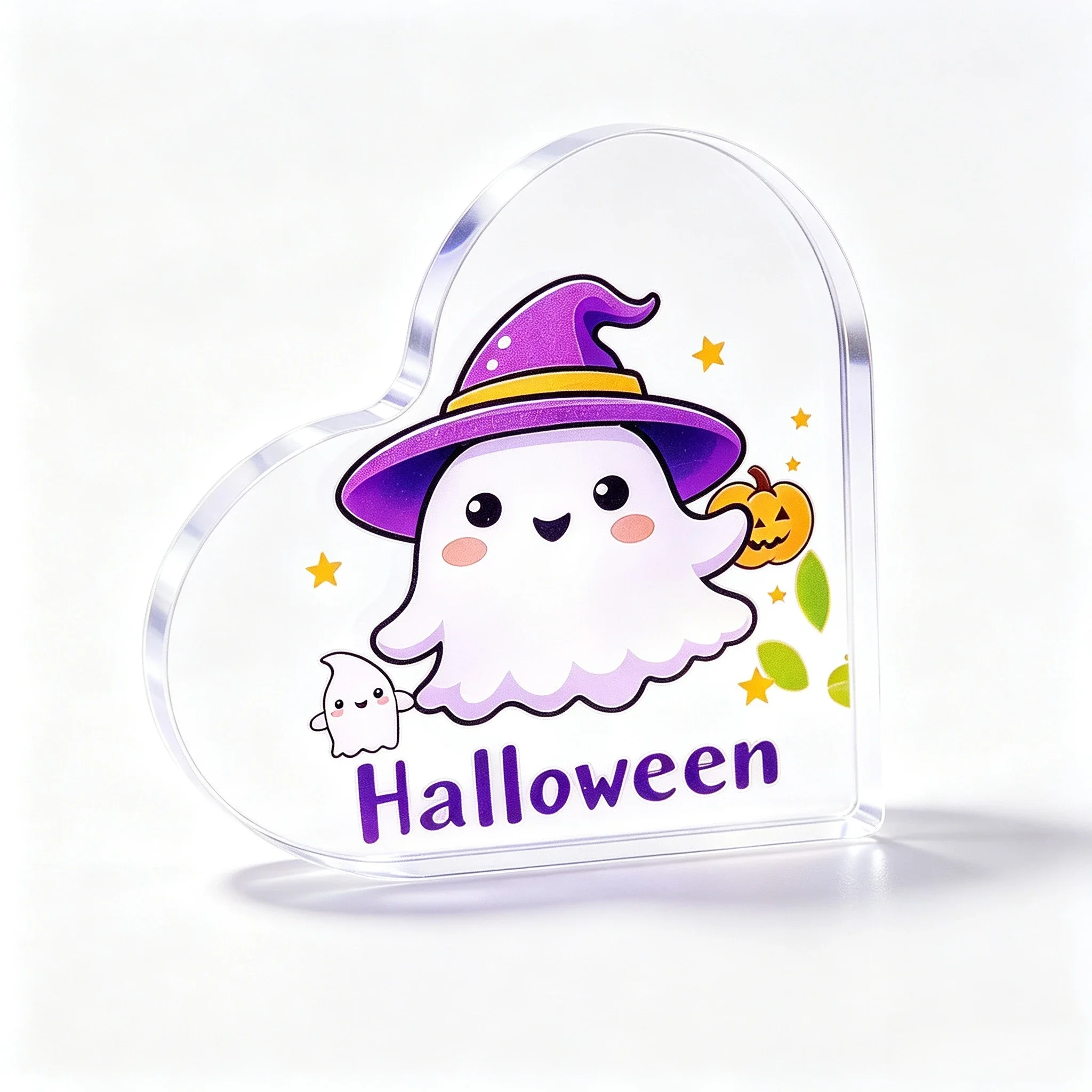 Cute Witch Ghost Heart‑Shaped Acrylic Plaque, Pumpkin Star Halloween Table Decor