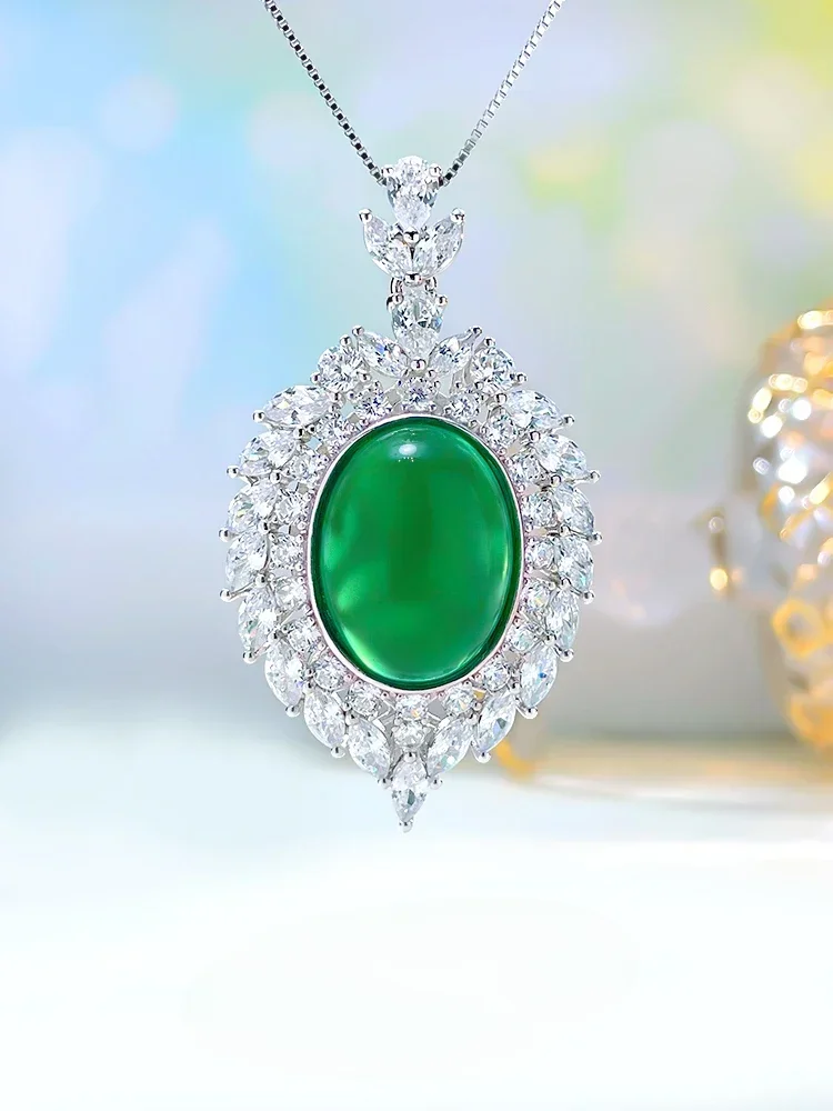 

Desire Fashion Jade Chalcedony Grandmother Green Vintage 925 Sterling Silver Pendant Set with High Carbon Diamond Palace Style