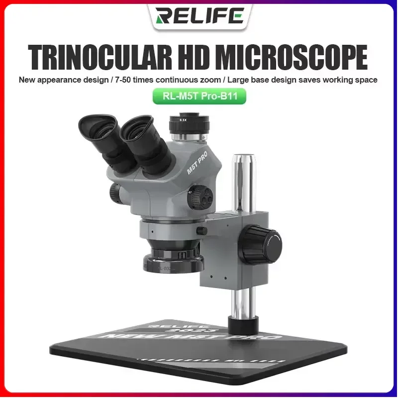 

RELIFE RL-M5T Pro New Upgraded Simul Focal Industrial Optical Lab Zoom Stereo Trinocular Microscope 7-50X For PCB Repair Welding