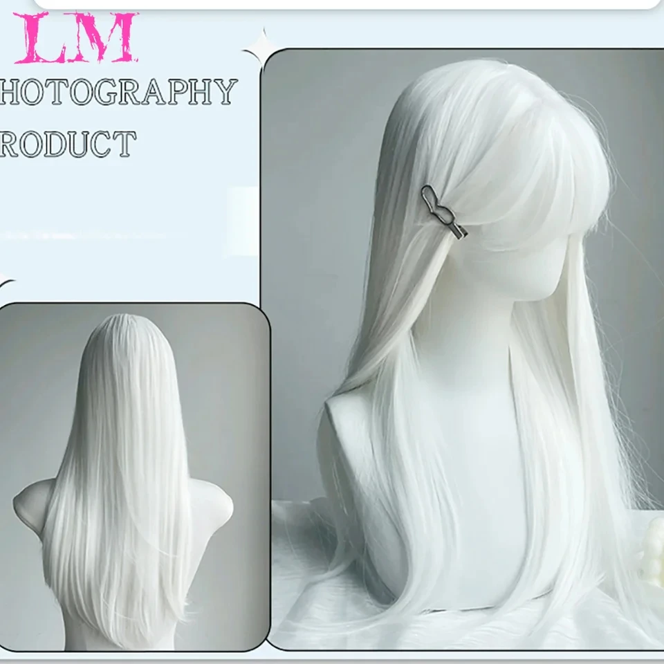 LM Synthetic Black Wig with Long Ponytail Short Straight Wig Lolita Cosplay Party Harajuku Blonde Wig With Bangs for Women
