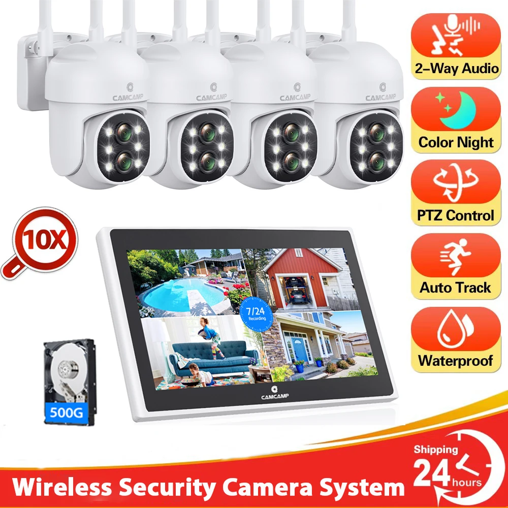 10CH CCTV Security Camera System Wireless with Monitor NVR 4MP Auto Tracking Two way Audio 10X Zoom Dual Lens Camera Outdoor