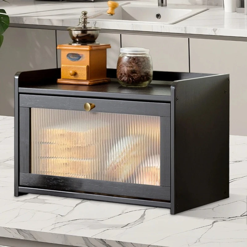 

Bamboo large capacity bread box，Kitchen Countertop Organizer With Acrylic Door,Top Level For Spices