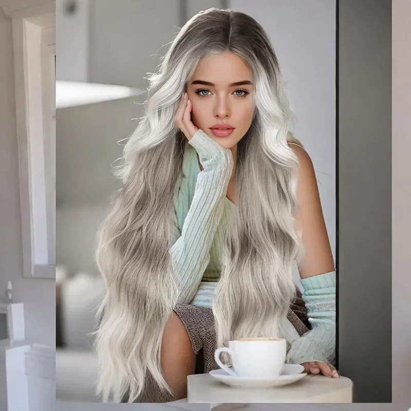 Graue Wasserwelligkeit mit Farbverlauf, langes lockiges Haar, synthetische Perücke aus Chemiefaser |   Hochwertige geschichtete Perücke |   Geeignet für den täglichen Gebrauch