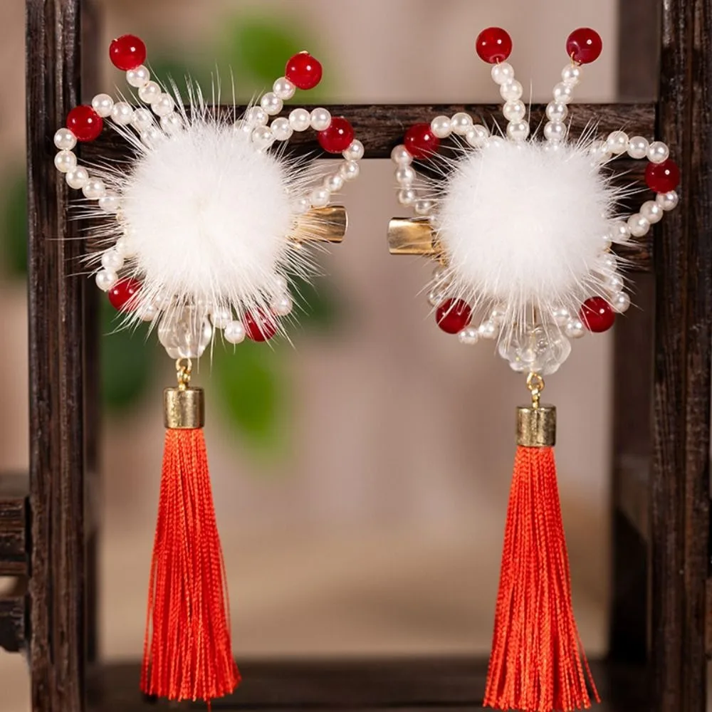 Horquilla roja para niños, borlas, bola de felpa, pinzas para el cabello Hanfu, accesorios para el cabello para niñas, sombreros antiguos, pinzas de pico de pato con perlas para niños