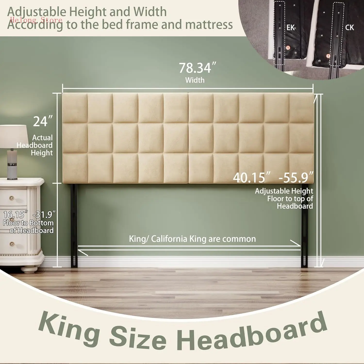 Velvet Upholstered Tufted King Size Headboard,Wood Head Board with Metal Legs, Adjustable Height from 42” to 56”